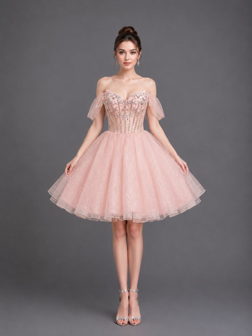 New Pink Off The Shoulder Rhinestones Embellished Fit & Flare Dress DQ 3438